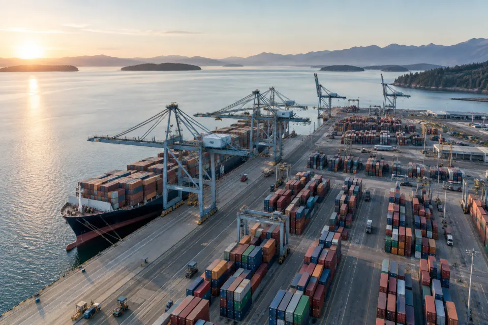 Vista ilustrativa de una terminal portuaria con grúas y contenedores