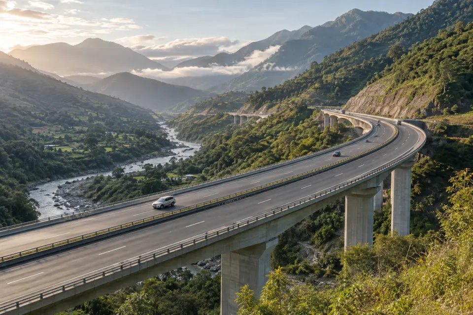 Vista ilustrativa de una carretera y viaducto en montaña