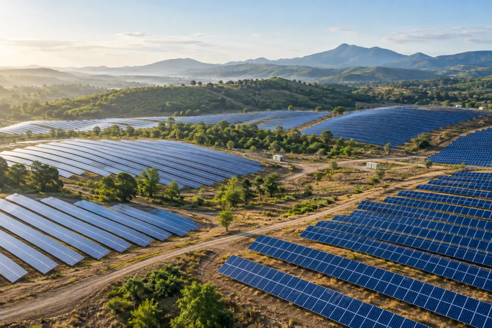 Vista ilustrativa de un parque solar entre colinas